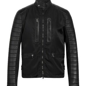 Pal Zileri Black Quilted weather resistant nylon fabric x lamb skin Biker.